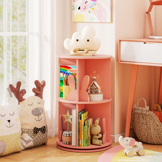 Rotating Bookshelf Cute 2-tier Kids Bookcase with Bunny Baffles-Pink