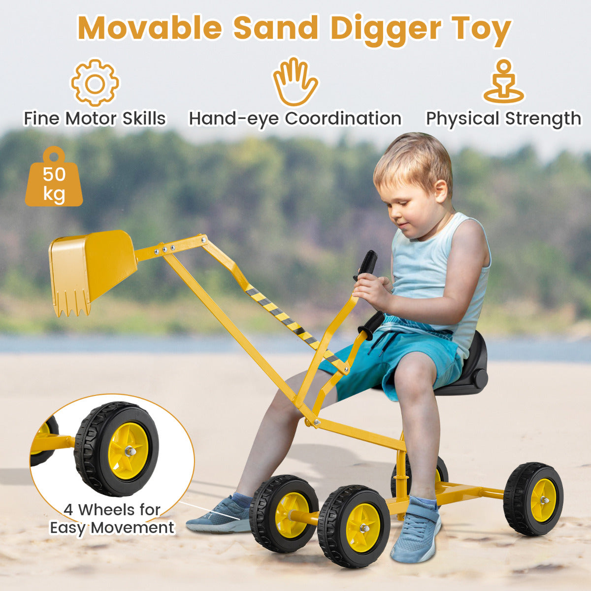 Yellow Kids Sand Digger | 2 Hand Controls & 360° Rotation