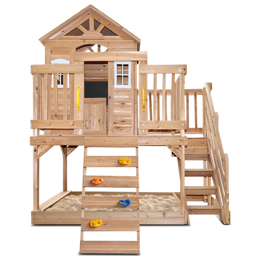 Lifespan Kids Silverton Cubby House with Rock Wall and Sandpit, perfect for backyard play.