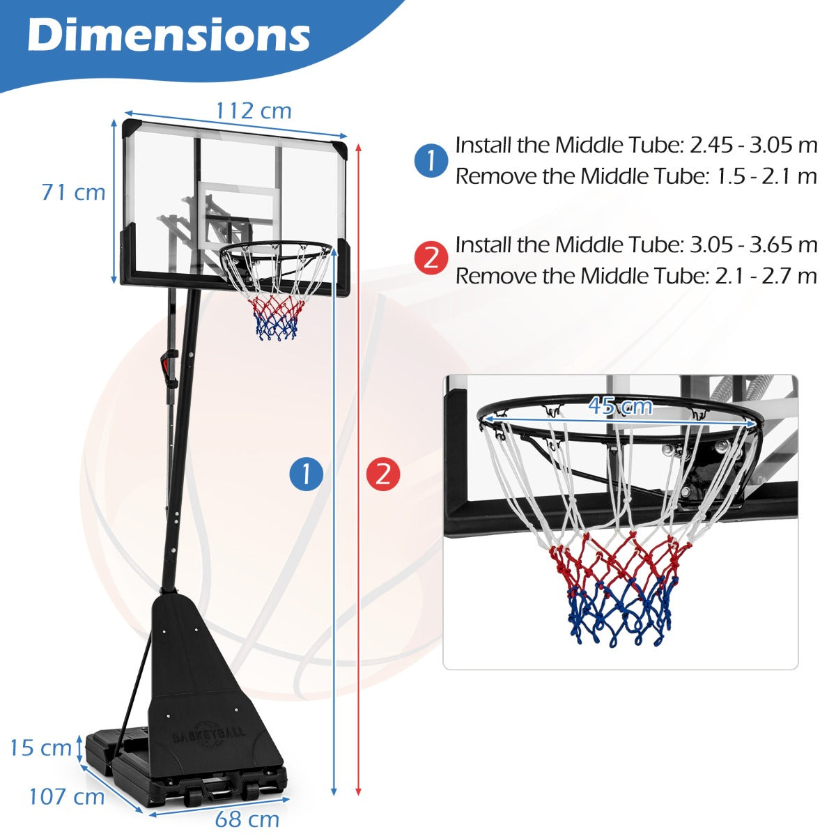 Black Adjustable Portable Basketball Hoop | 1.5-3.05m Height