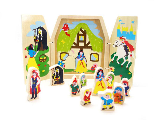 Snow White wooden book playset for imaginative storytelling and interactive play at home.