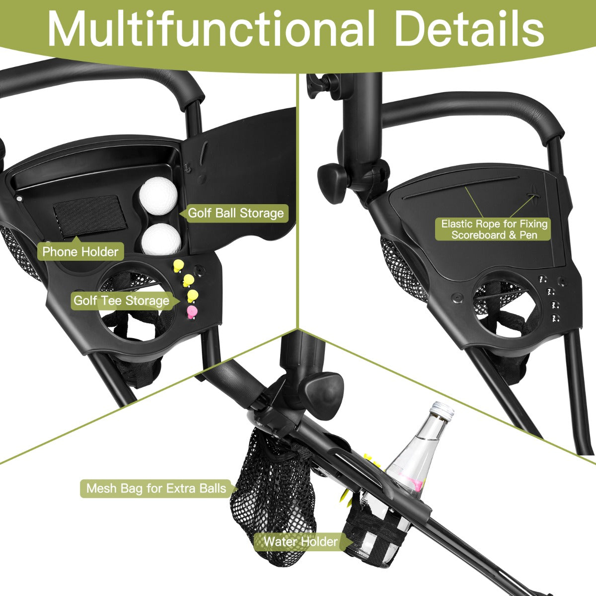 Black Folding Golf Push Cart | 3 Wheel Adjustable Handle