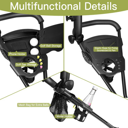 Black Folding Golf Push Cart | 3 Wheel Adjustable Handle