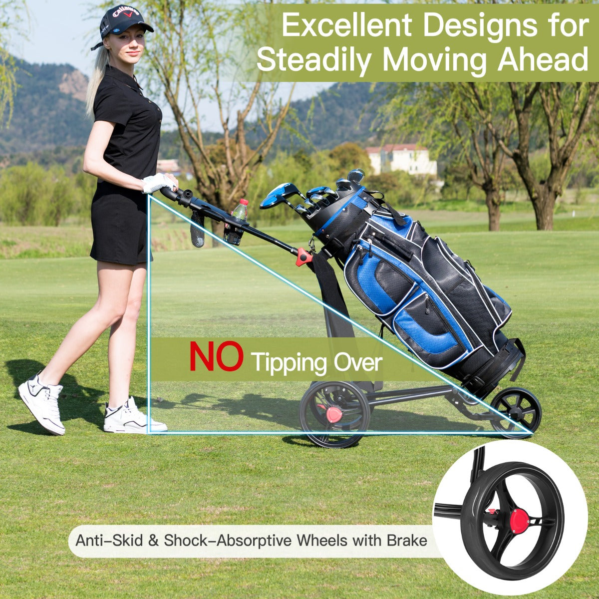 Black Folding Golf Push Cart | 3 Wheel Adjustable Handle