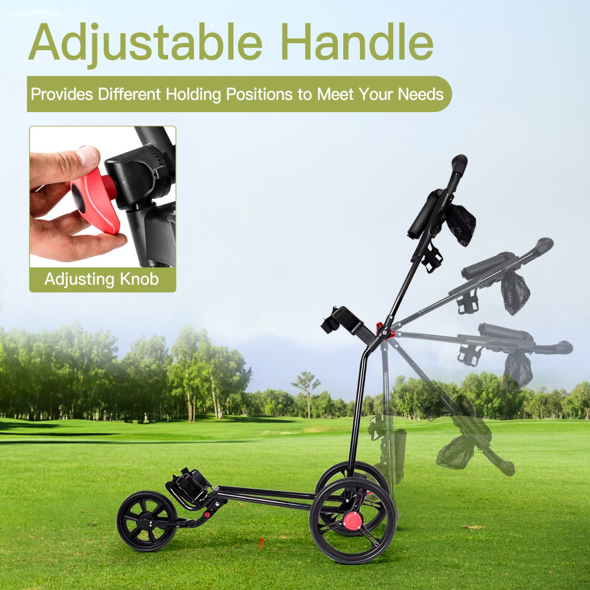 Black Folding Golf Push Cart | 3 Wheel Adjustable Handle