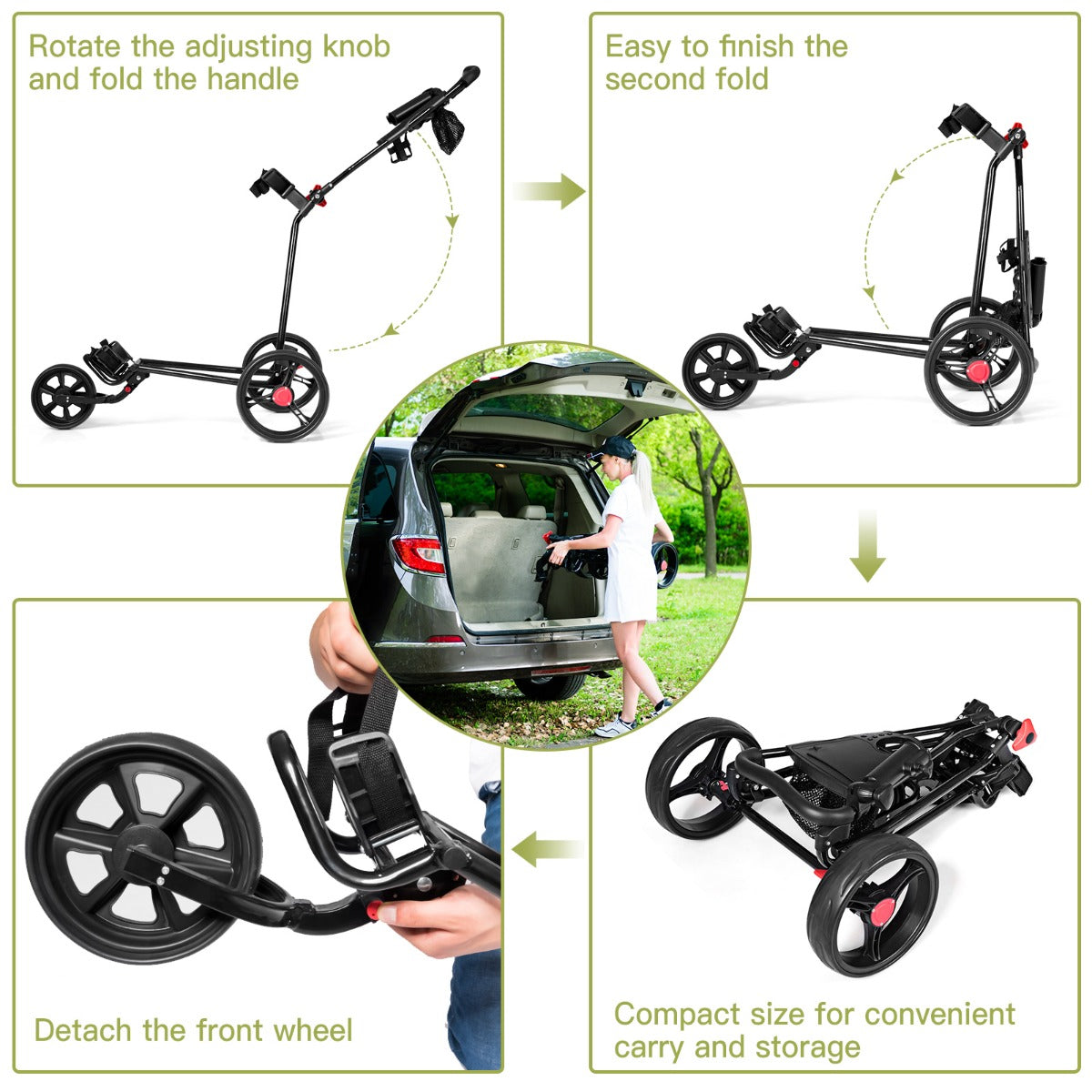 Black Folding Golf Push Cart | 3 Wheel Adjustable Handle