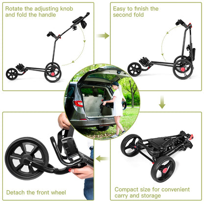 Black Folding Golf Push Cart | 3 Wheel Adjustable Handle