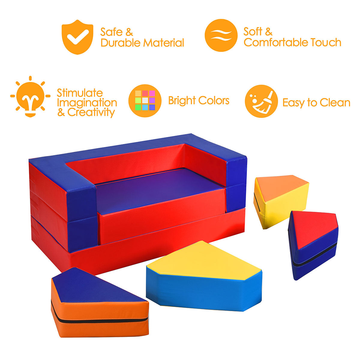 Kids foam play sofa set with climbing blocks for interactive active play at home.