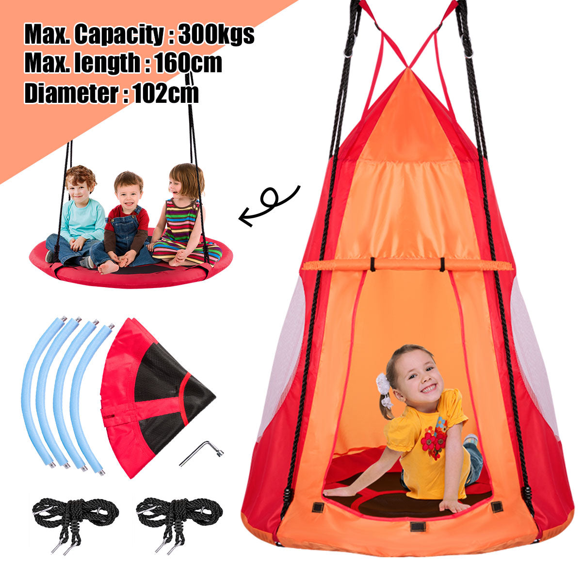 2 In 1 Tree Tent Swing Set | Green Adjustable Hanging Ropes