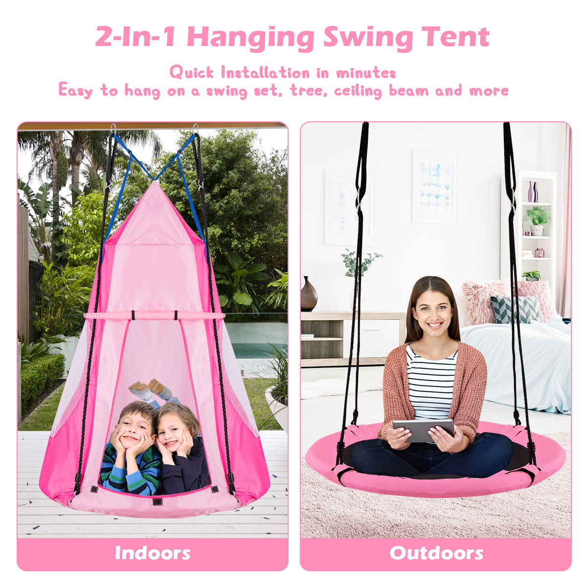 2 In 1 Tree Tent Swing Set | Green Adjustable Hanging Ropes