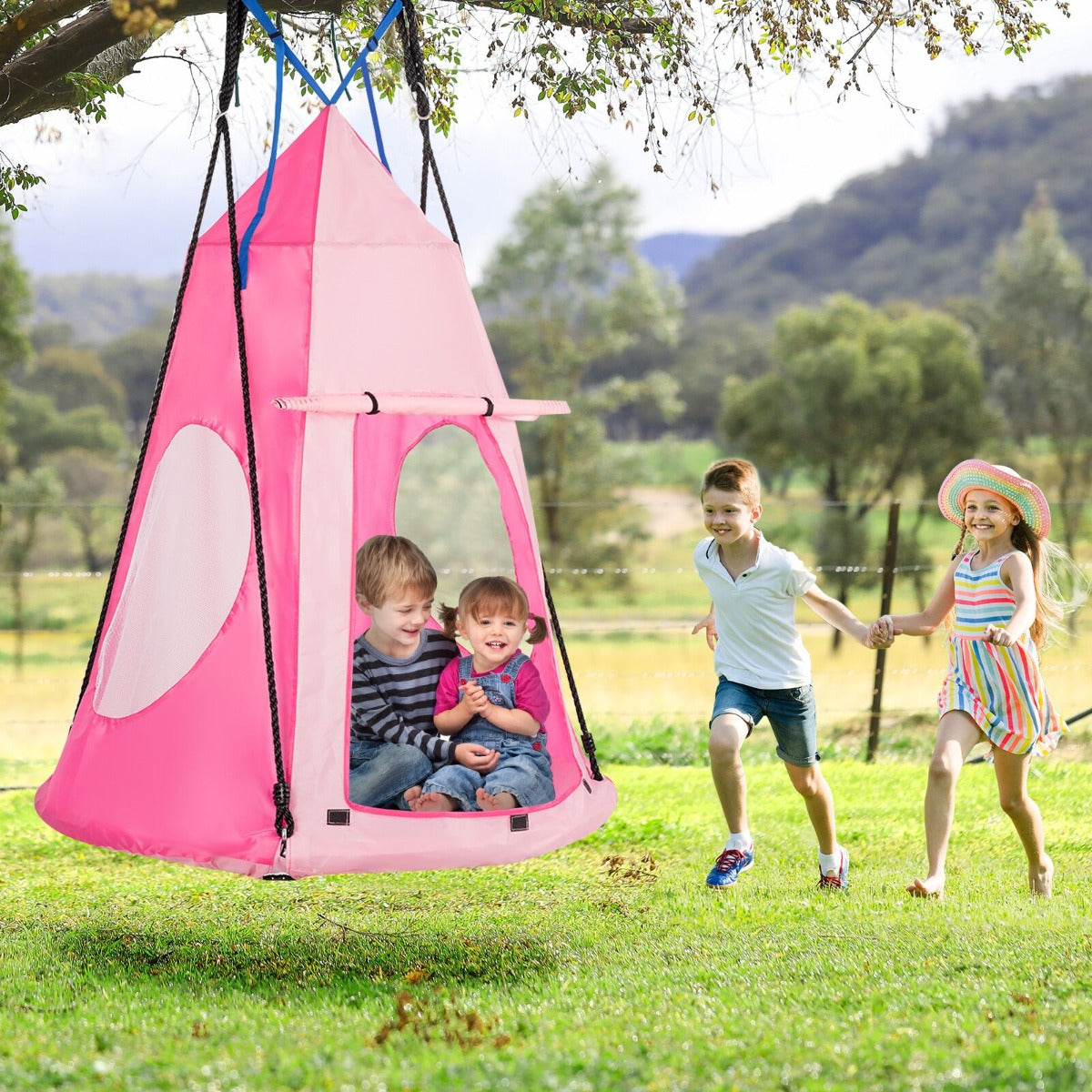 2 In 1 Tree Tent Swing Set | Green Adjustable Hanging Ropes