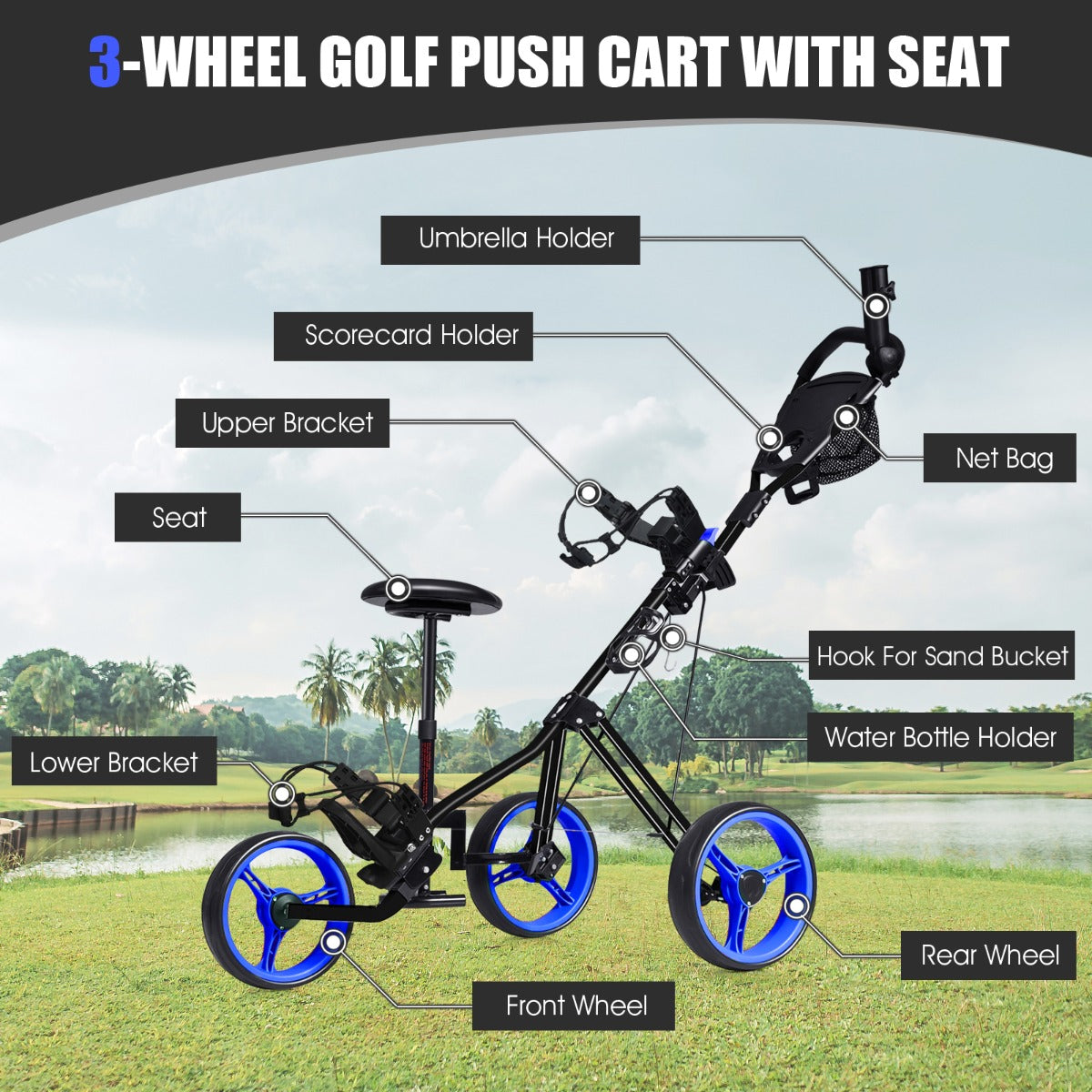 Blue 3 Wheel Folding Golf Cart | Adjustable Handle & Padded Seat