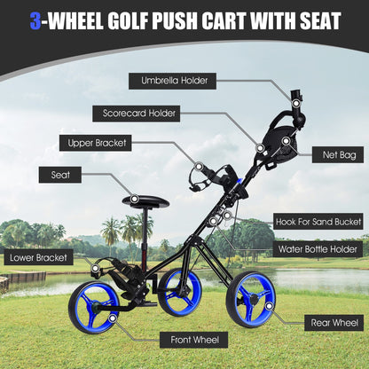 Blue 3 Wheel Folding Golf Cart | Adjustable Handle & Padded Seat