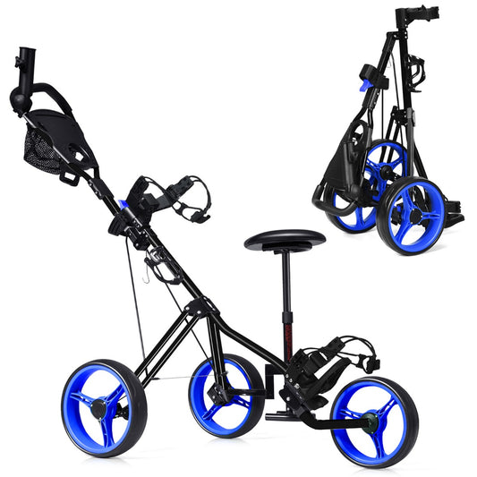 Blue 3 Wheel Folding Golf Cart | Adjustable Handle & Padded Seat