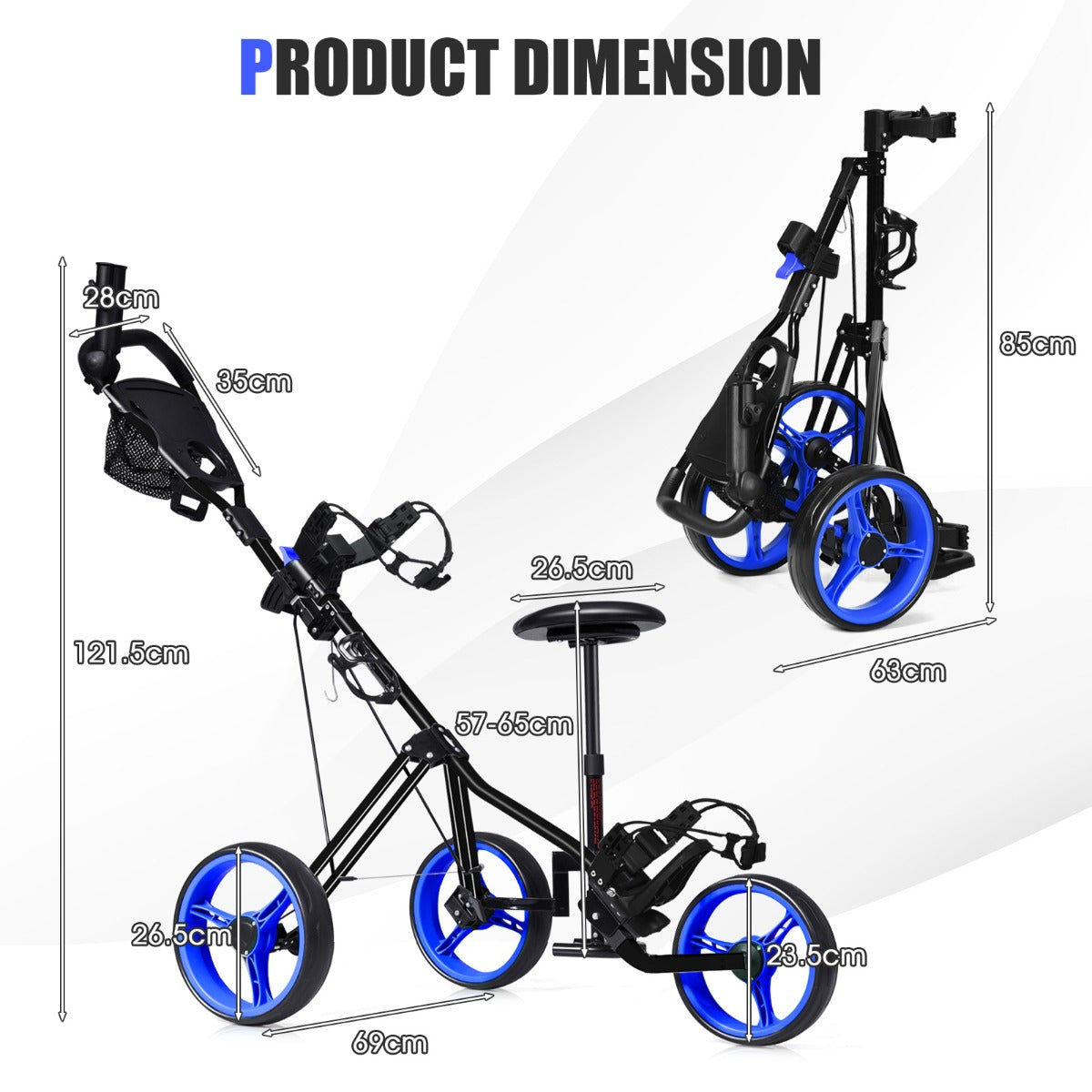 Blue 3 Wheel Folding Golf Cart | Adjustable Handle & Padded Seat