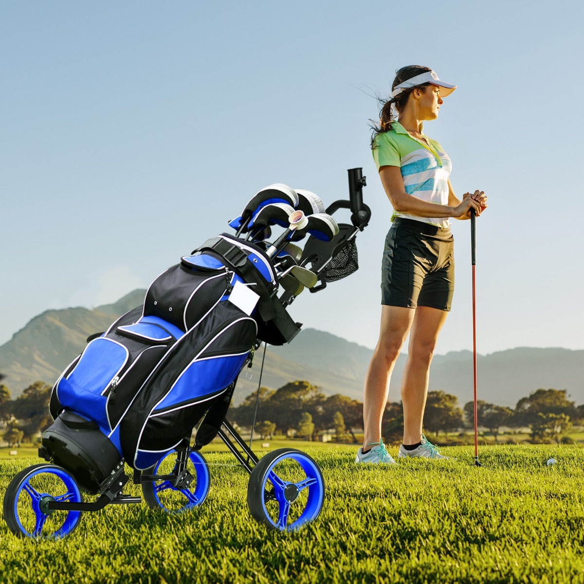 3-Wheel Folding Golf Push Cart with Adjustable Handle & Padded Seat-Blue