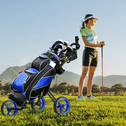 3-Wheel Folding Golf Push Cart with Adjustable Handle & Padded Seat-Blue