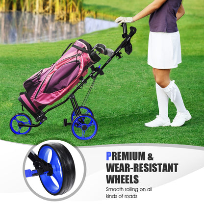 Blue 3 Wheel Folding Golf Cart | Adjustable Handle & Padded Seat