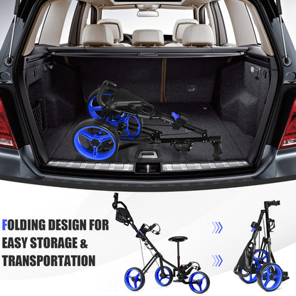 Blue 3 Wheel Folding Golf Cart | Adjustable Handle & Padded Seat