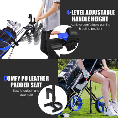 Blue 3 Wheel Folding Golf Cart | Adjustable Handle & Padded Seat