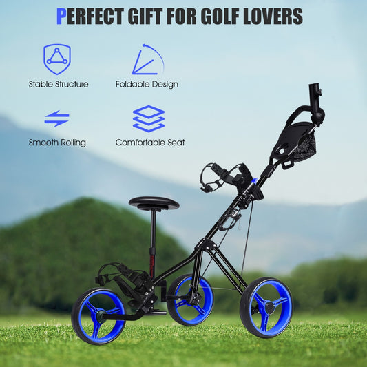 Blue 3 Wheel Folding Golf Cart | Adjustable Handle & Padded Seat