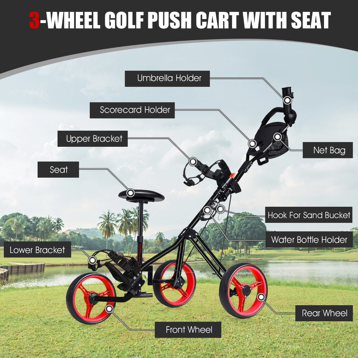 Red 3 Wheel Folding Golf Cart | Adjustable Handle Padded Seat
