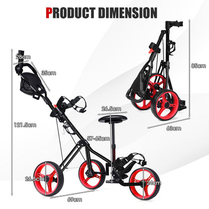 Red 3 Wheel Folding Golf Cart | Adjustable Handle Padded Seat