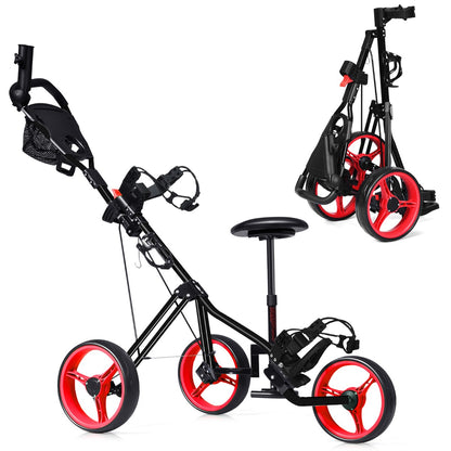 Red 3 Wheel Folding Golf Cart | Adjustable Handle Padded Seat