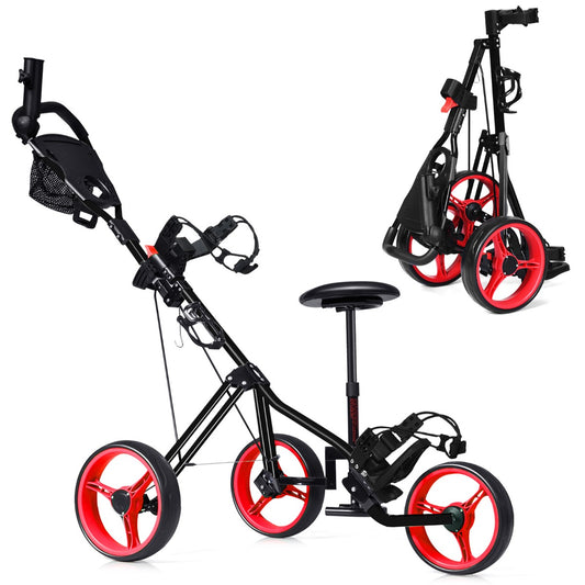 Red 3 Wheel Folding Golf Cart | Adjustable Handle Padded Seat