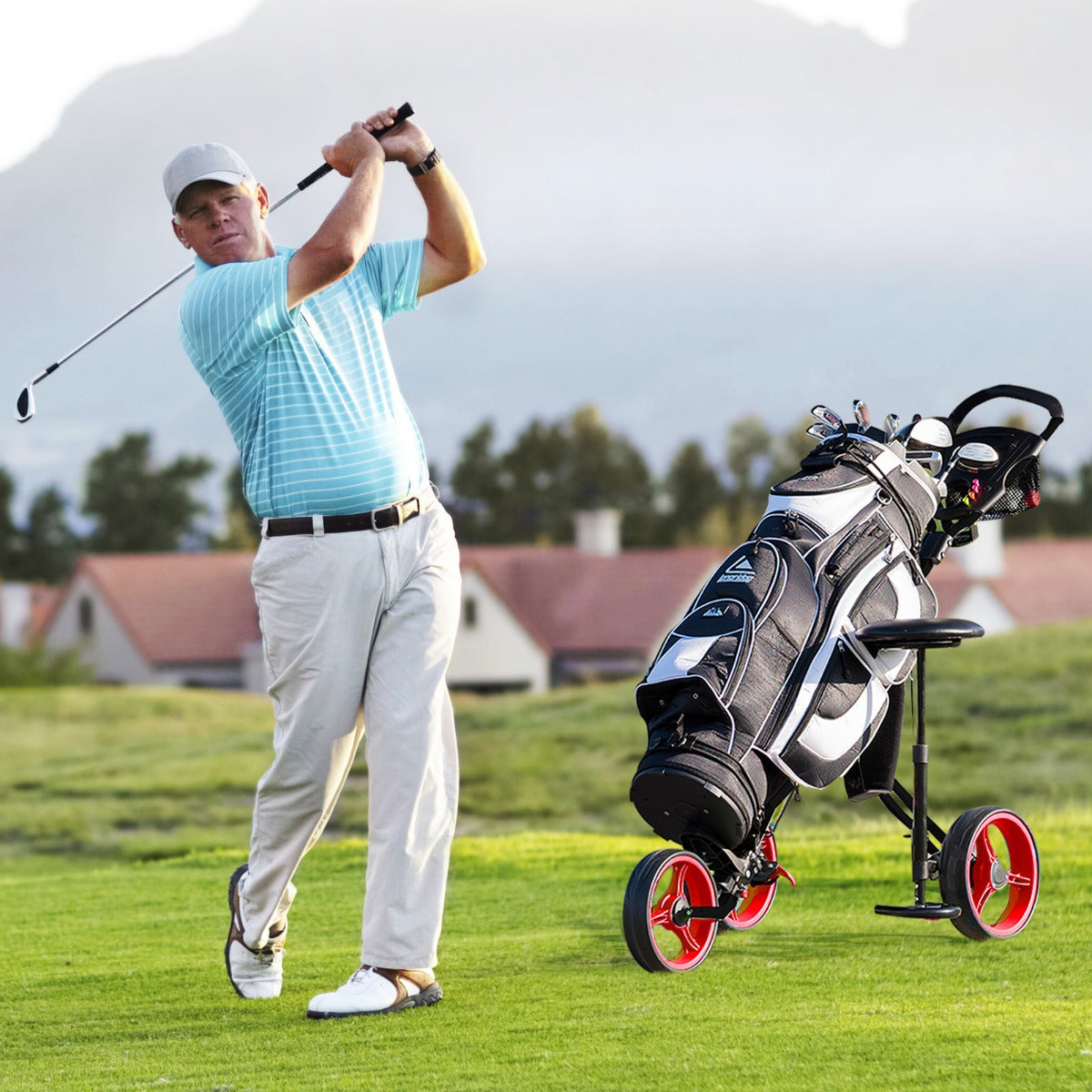 Red 3 Wheel Folding Golf Cart | Adjustable Handle Padded Seat