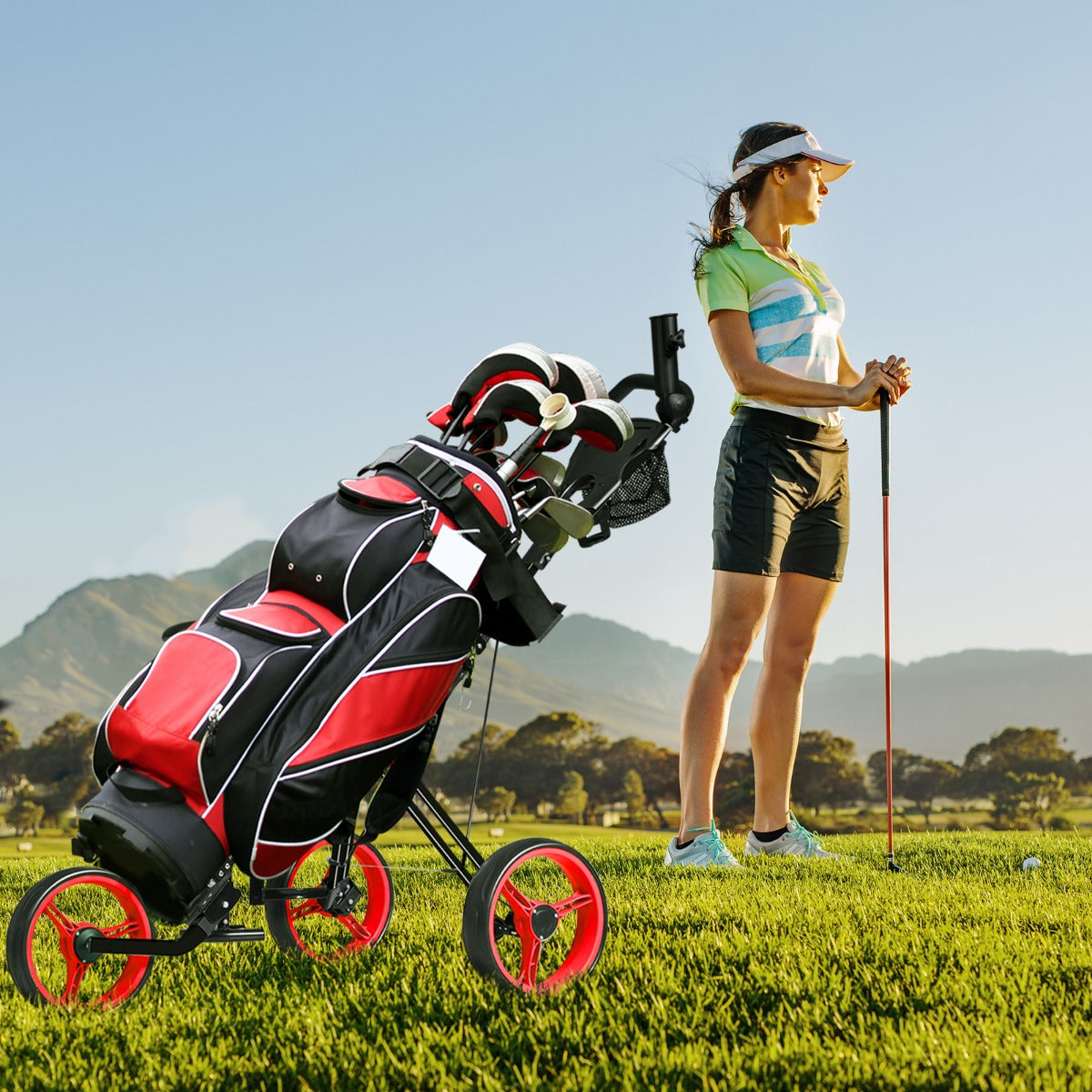3-Wheel Folding Golf Push Cart with Adjustable Handle & Padded Seat-Red