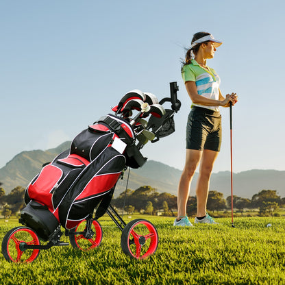 3-Wheel Folding Golf Push Cart with Adjustable Handle & Padded Seat-Red