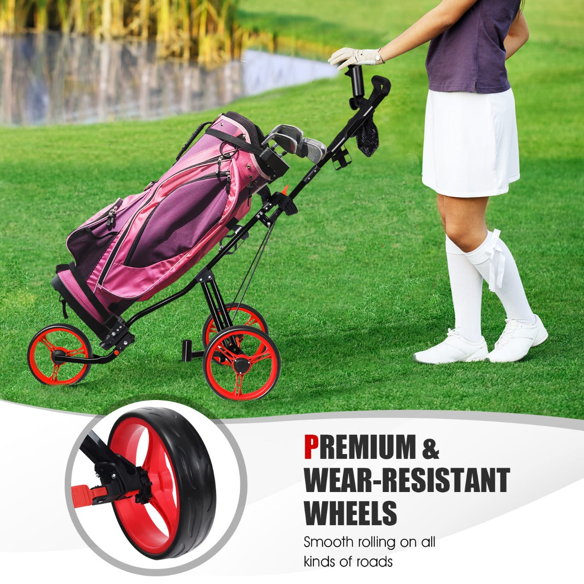 Red 3 Wheel Folding Golf Cart | Adjustable Handle Padded Seat