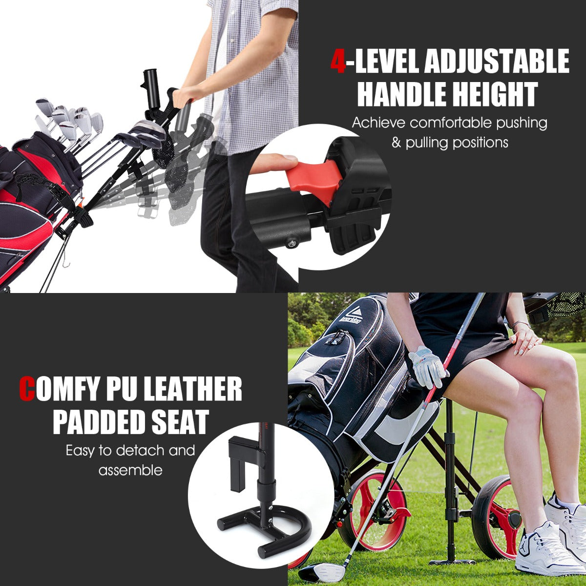 Red 3 Wheel Folding Golf Cart | Adjustable Handle Padded Seat