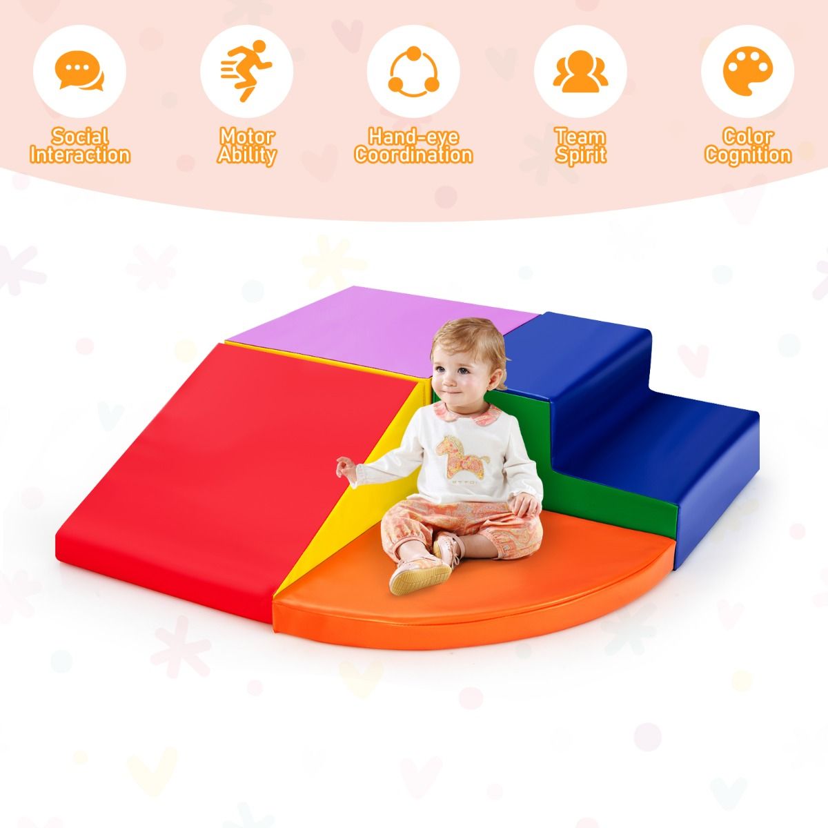 Colorful orange foam climbing and crawling playset for kids featuring four versatile pieces for active indoor fun.