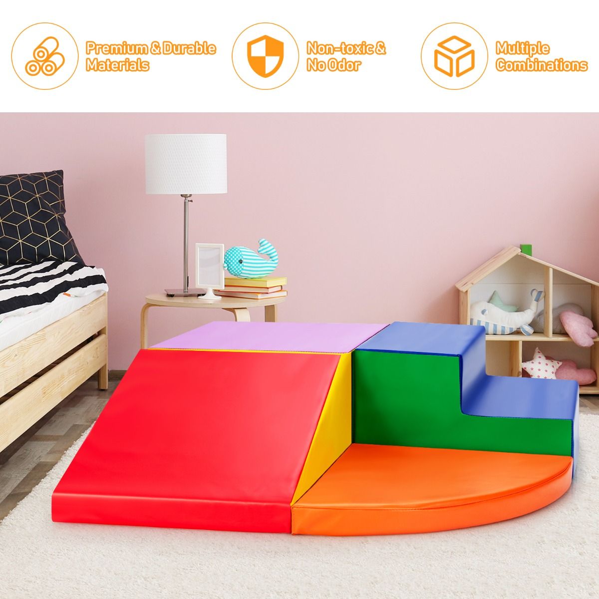 Colorful orange foam climbing and crawling playset for kids promotes active play and motor skills development.