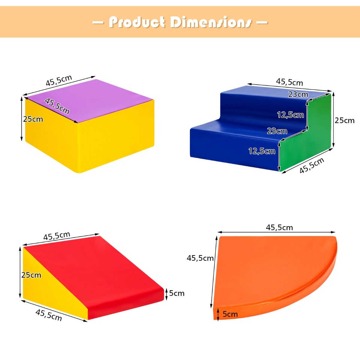 Colorful orange foam climbing set for kids features four versatile pieces for active indoor play and motor skill development.