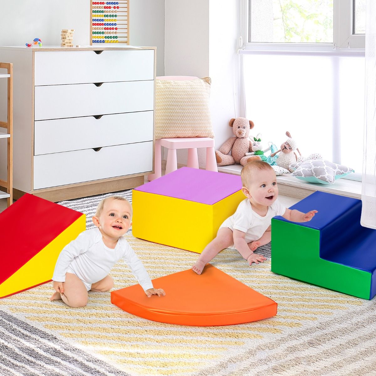 Colorful orange foam climbing and crawling playset for kids promotes active indoor play and motor skills development.