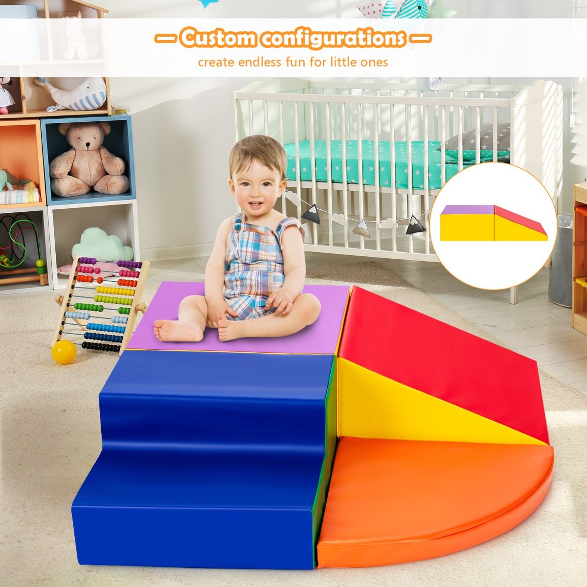 Colorful orange foam climbing and crawling playset for kids featuring four versatile pieces for active indoor fun.