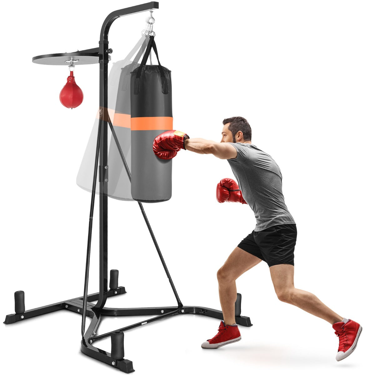 Adjustable Boxing Stand with Heavy Bag & Speed Bag | Black Steel