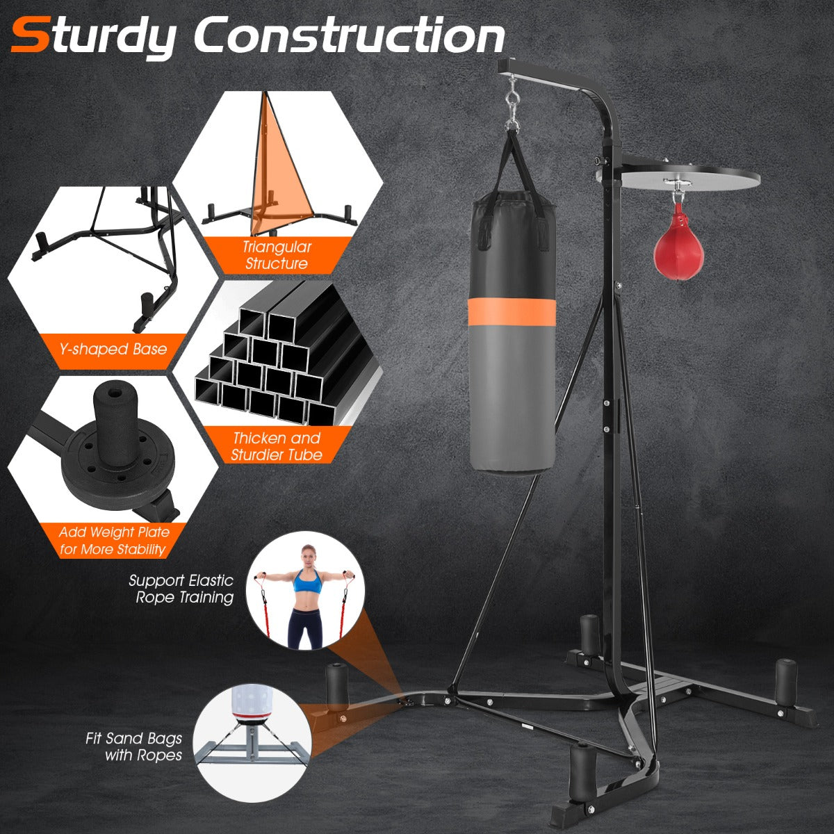 Adjustable Boxing Stand with Heavy Bag & Speed Bag | Black Steel