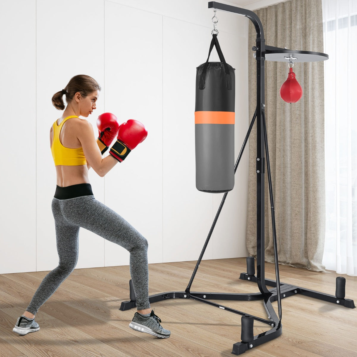 Adjustable Boxing Stand with Heavy Bag & Speed Bag | Black Steel