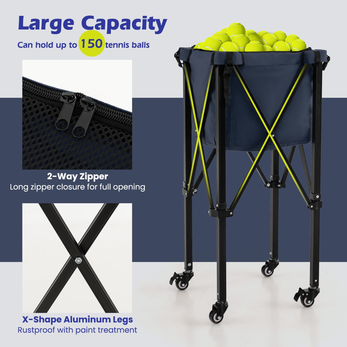 Blue Foldable Tennis Ball Cart | 150 Ball Capacity | Wheels