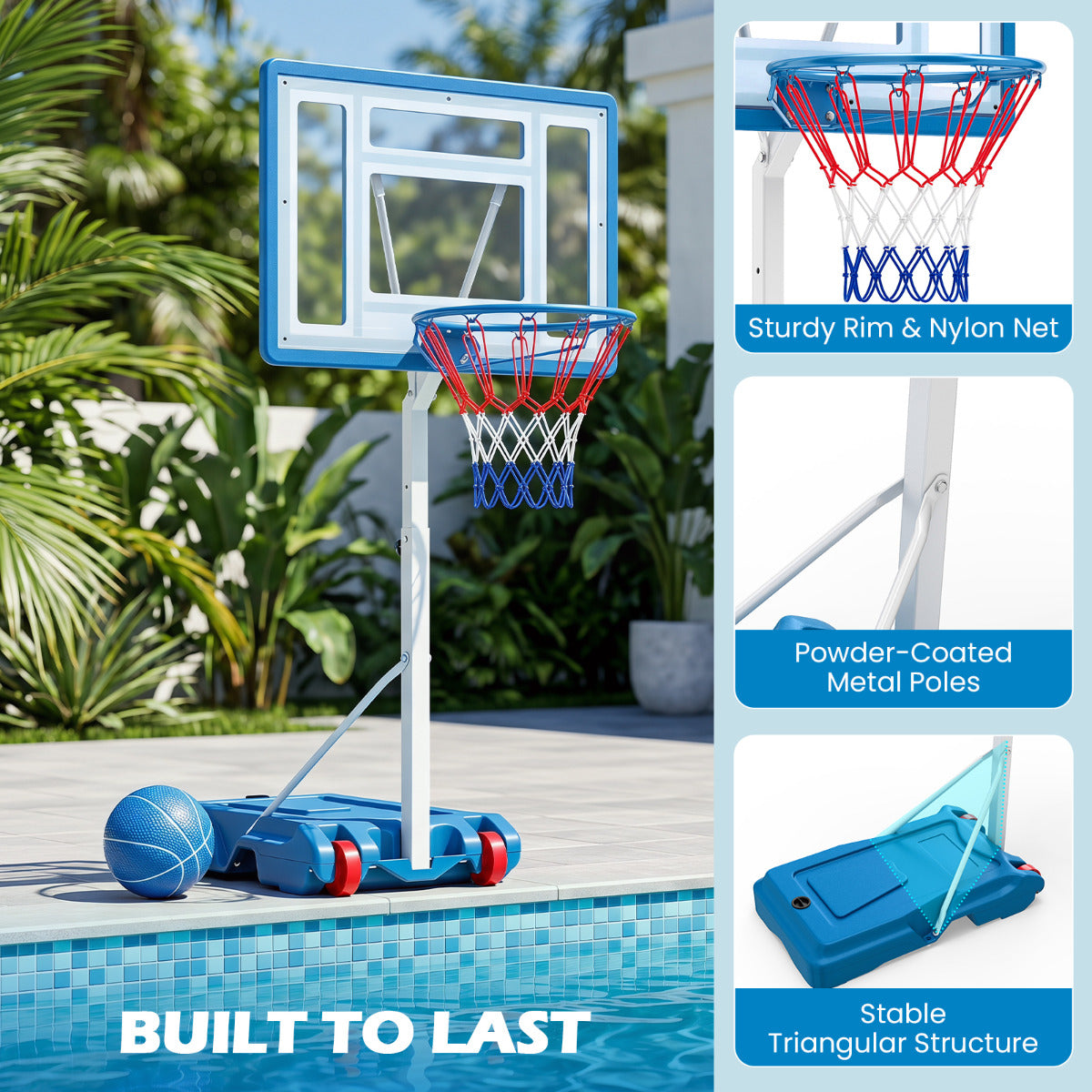 White Pool Basketball Hoop | Adjustable Height & Shatterproof Board