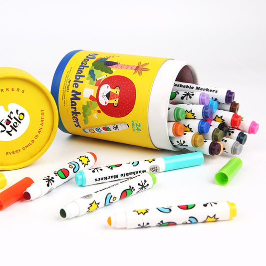 Set of 24 washable markers with special round tips, ideal for childrens creative projects at home.