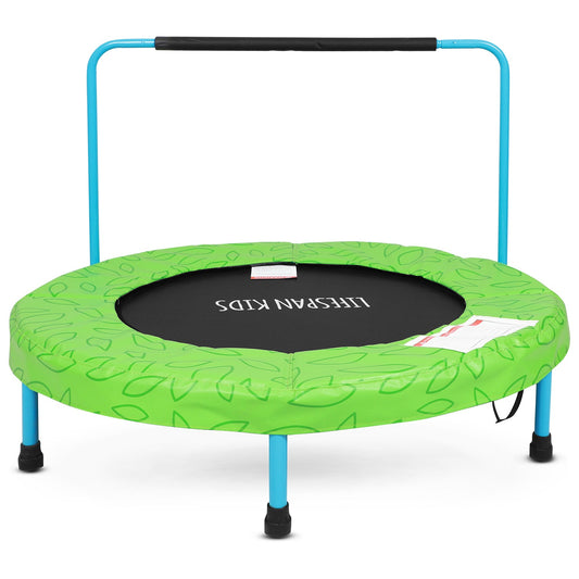 Kids indoor/outdoor trampoline with handrail for safe bouncing, perfect for toddlers playtime