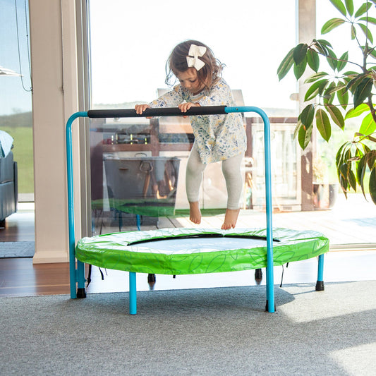 Springless kids trampoline with handrail for safe indoor/outdoor bouncing fun. Lil Hopper toddler size.