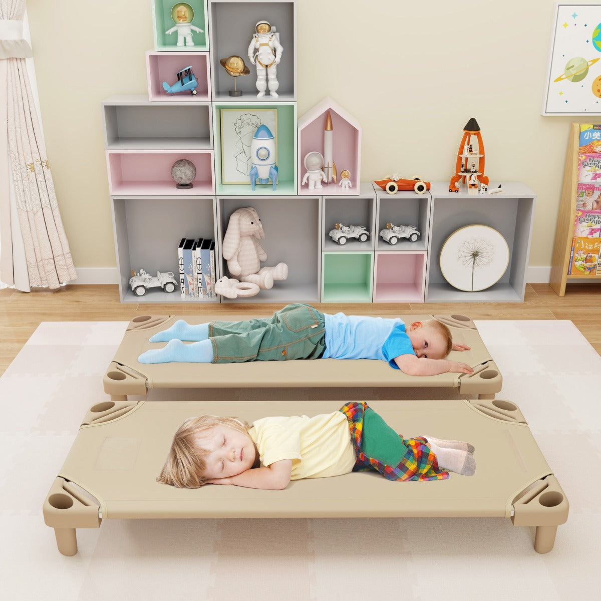 Stackable Cot | Beige Oxford Cloth, Easy Lift Corner, 6-Pack