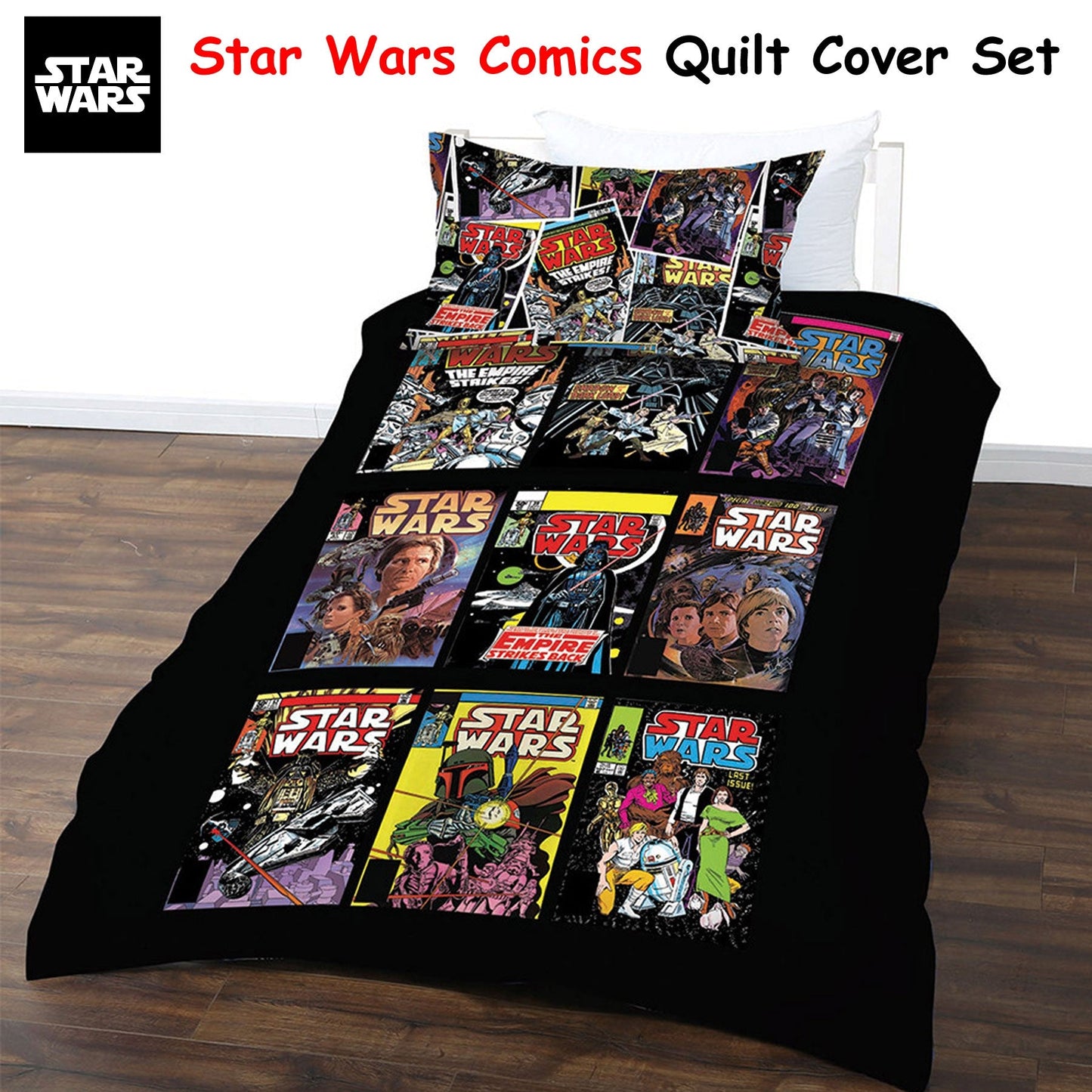 Star Wars comic double quilt cover set, ideal for kids bedrooms. Vibrant, fun design.