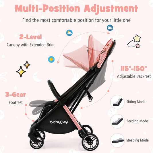 Pink folding baby stroller with adjustable comfort, ideal for convenient travel and everyday use